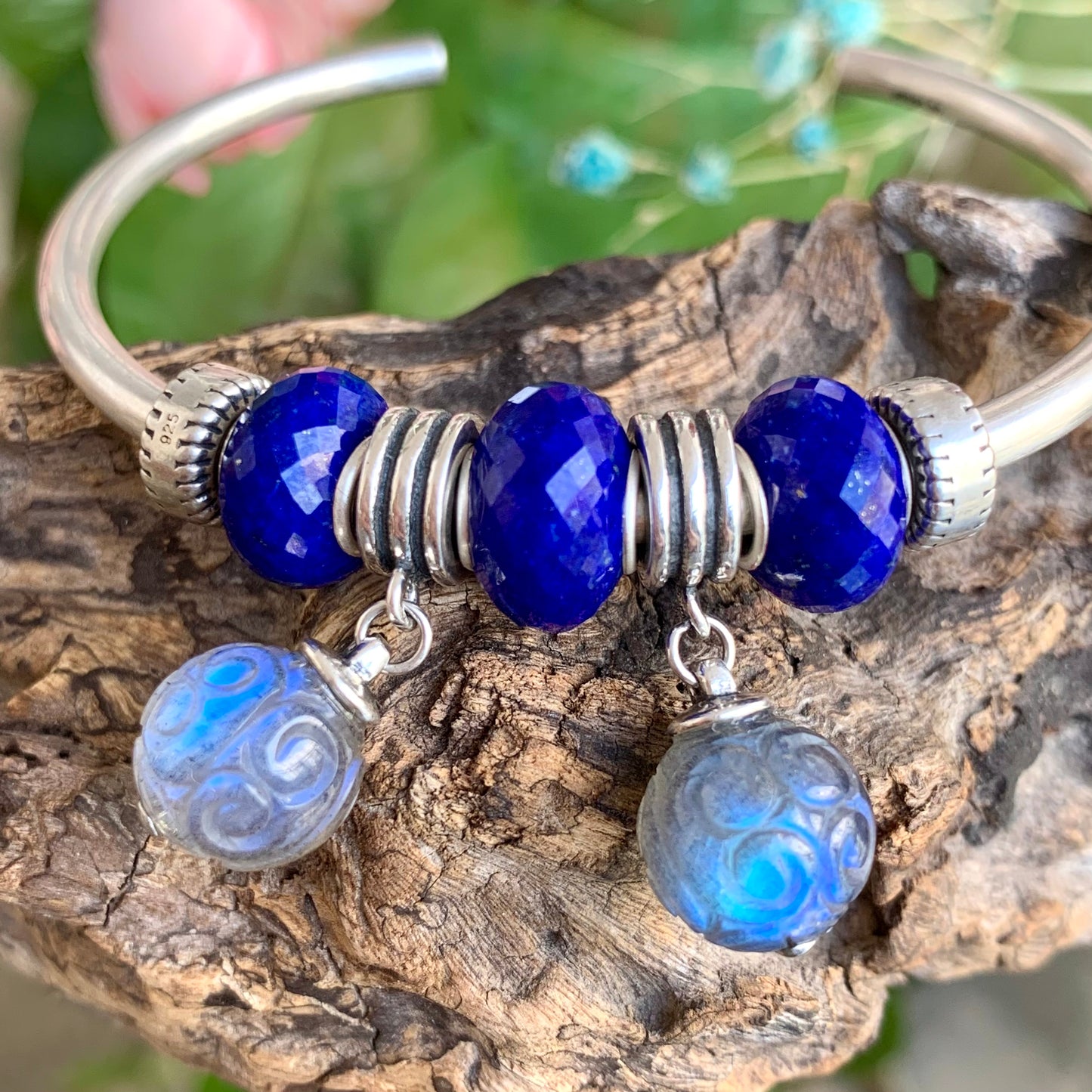 Faceted Small Size Royal Blue Lapis Lazuli Beads with Silver Core Compatible For European Bracelet Bangles