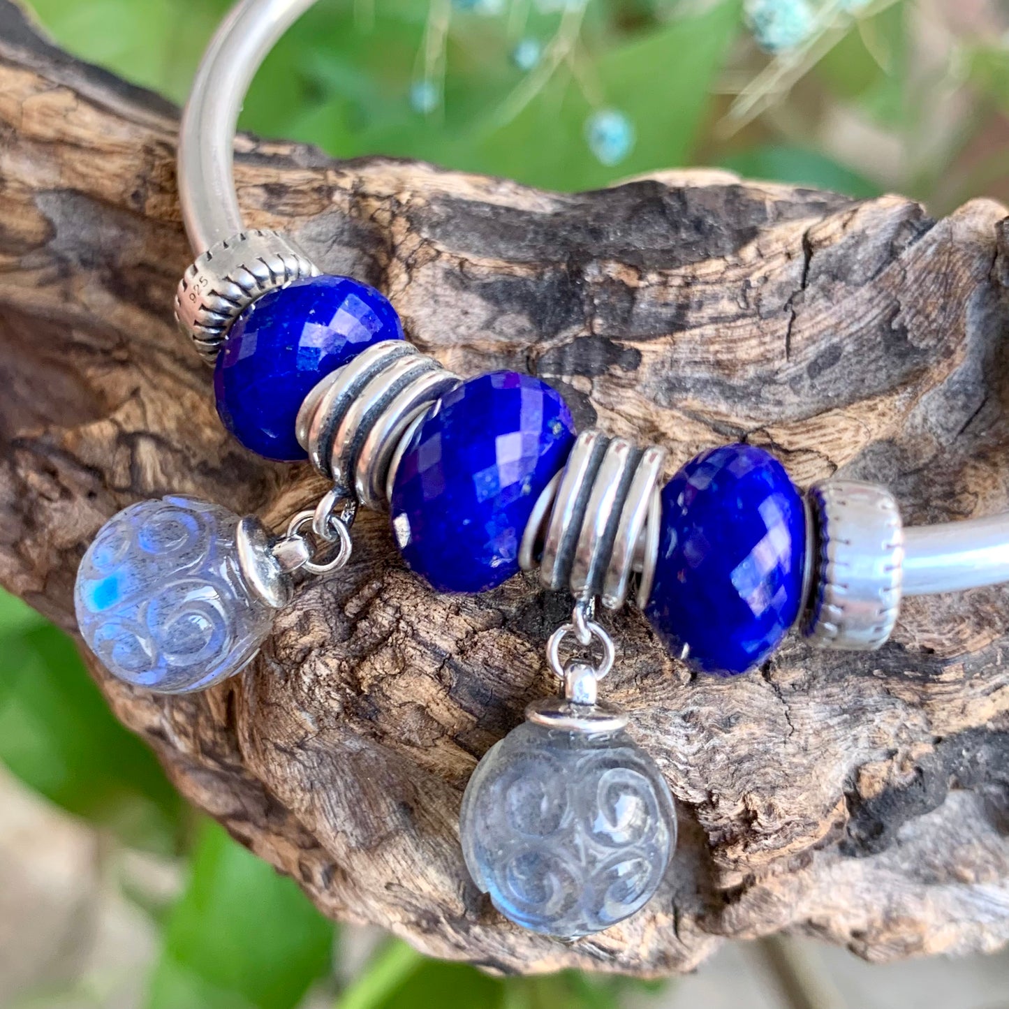 Faceted Small Size Royal Blue Lapis Lazuli Beads with Silver Core Compatible For European Bracelet Bangles