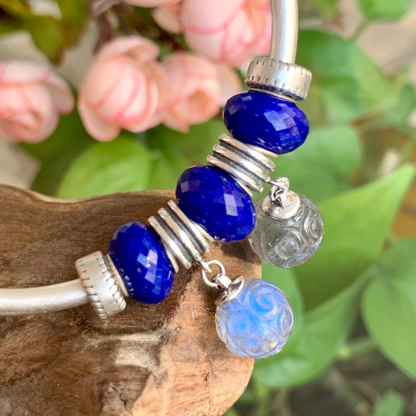 Faceted Small Size Royal Blue Lapis Lazuli Beads with Silver Core Compatible For European Bracelet Bangles