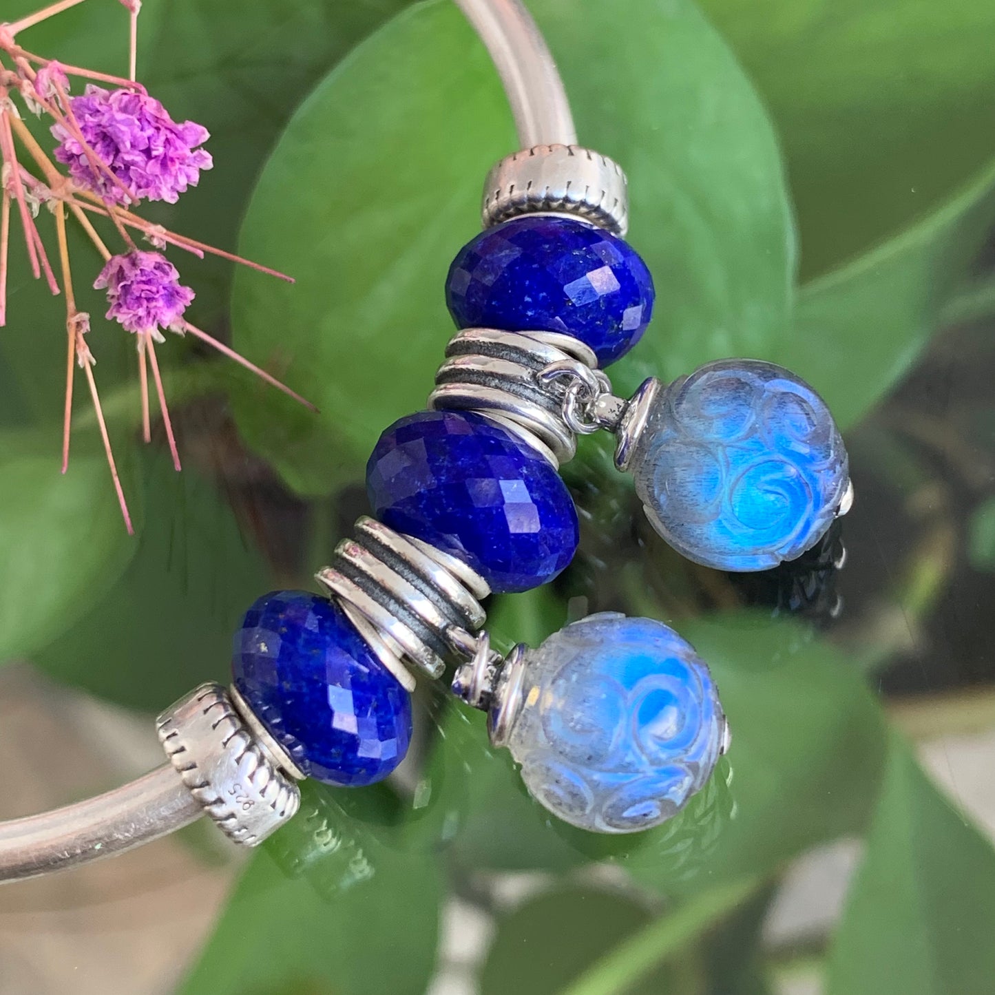 Faceted Small Size Royal Blue Lapis Lazuli Beads with Silver Core Compatible For European Bracelet Bangles