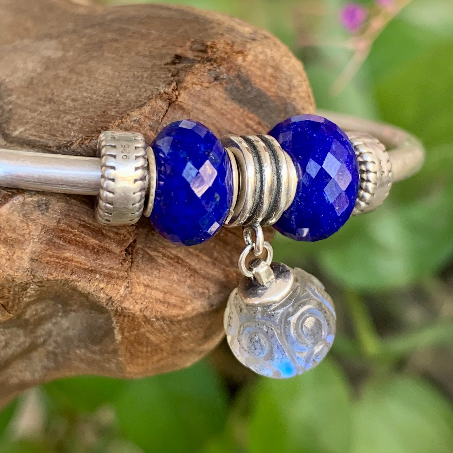 Faceted Small Size Royal Blue Lapis Lazuli Beads with Silver Core Compatible For European Bracelet Bangles