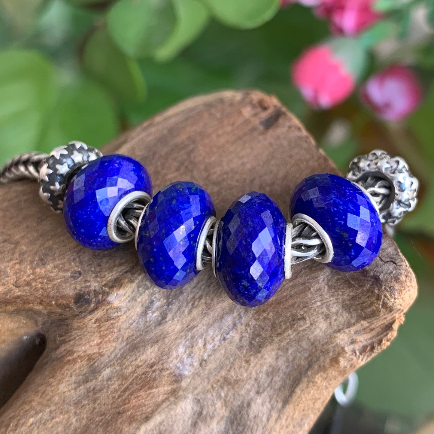 Faceted Small Size Royal Blue Lapis Lazuli Beads with Silver Core Compatible For European Bracelet Bangles