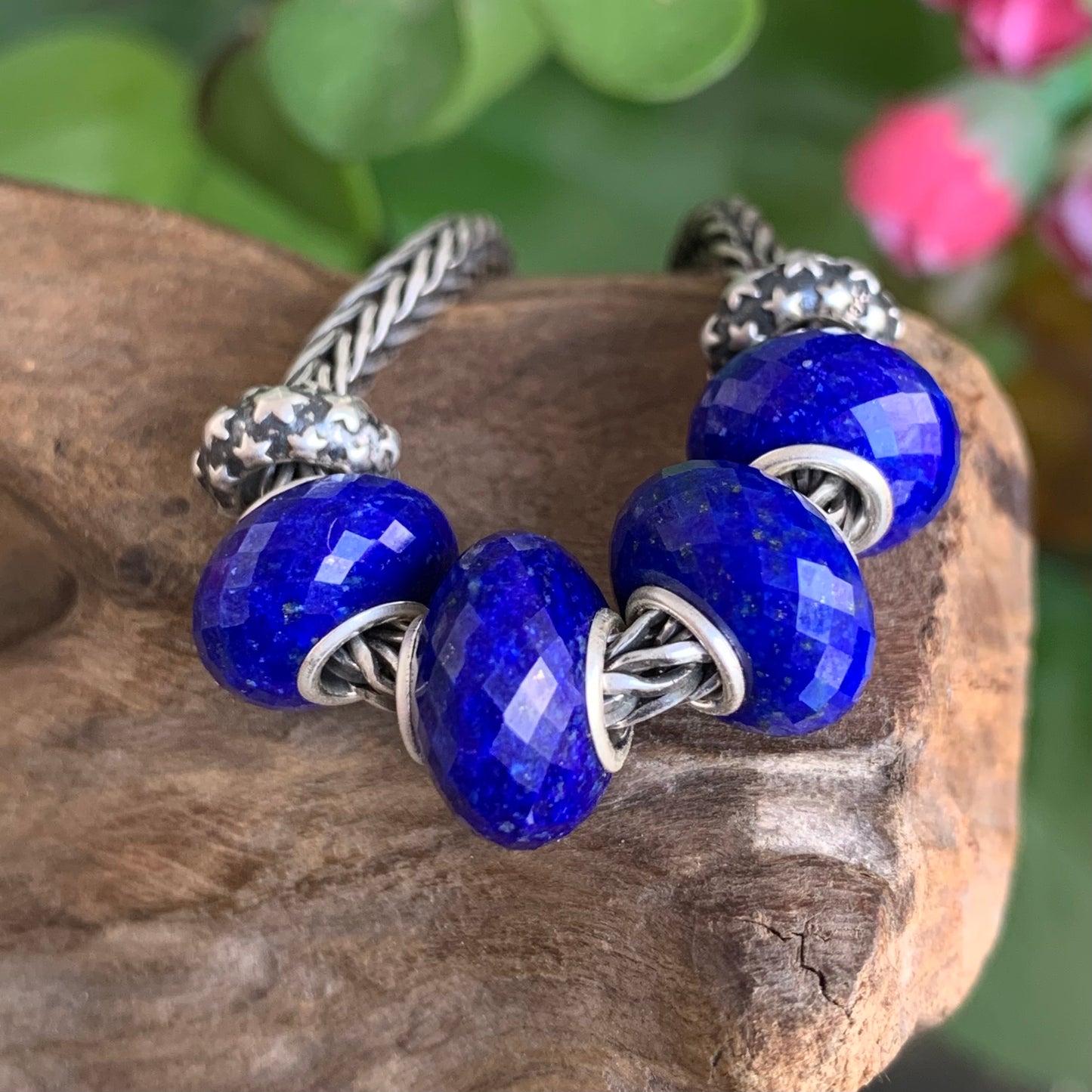 Faceted Small Size Royal Blue Lapis Lazuli Beads with Silver Core Compatible For European Bracelet Bangles