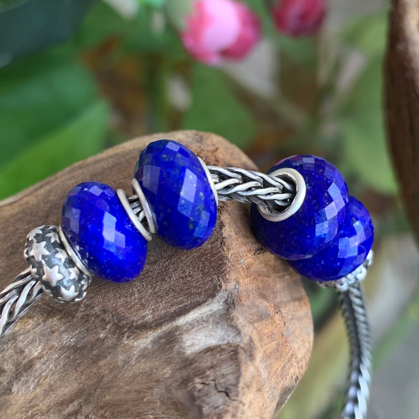 Faceted Small Size Royal Blue Lapis Lazuli Beads with Silver Core Compatible For European Bracelet Bangles