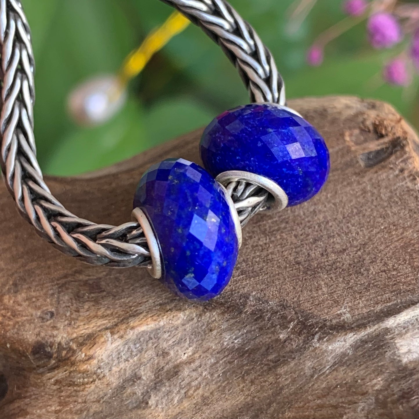 Faceted Small Size Royal Blue Lapis Lazuli Beads with Silver Core Compatible For European Bracelet Bangles