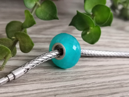 Faceted Natural Amazonite Gemstone Sparkle Bead with Sliver Core for European Bracelets