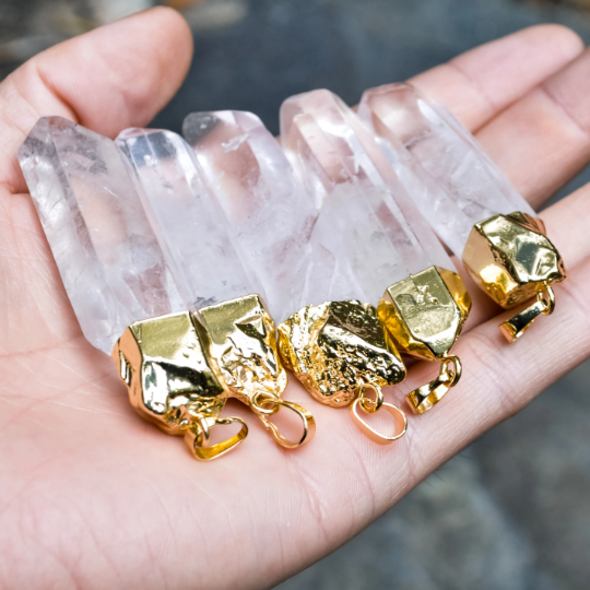 Gold Plated Raw Transparent Rock Crystal Quartz White Crystal Natural Layering Pendant