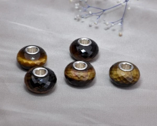 Faceted Golden Brown Tiger's Eye Gemstone Sliver Core Bead for European Charm Bracelets