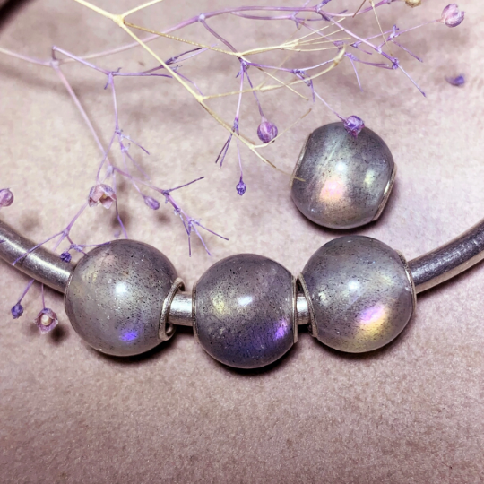 Gorgeous Mini Round Grey Labradorite Gemstone Beads with Silver Core Fit European Trollbeads Pandora Bracelets or Bangles