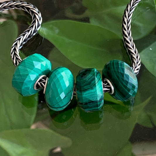 Green Malachite Bead Natural Faceted Gemstone Beads with Sterling Silver Core for European Bracelets or Bangles