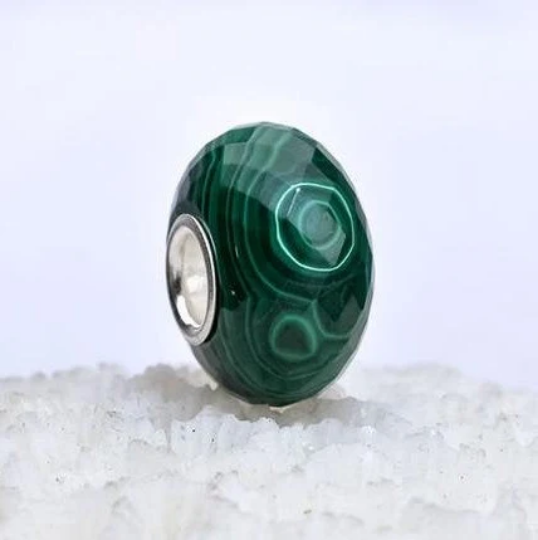 Green Malachite Bead Natural Faceted Gemstone Beads with Sterling Silver Core for European Bracelets or Bangles