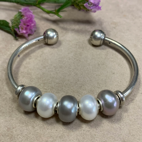 Grey Freshwater Pearl Oval Beads with Small Core for European Trollbeads Bracelets or Pandora Bangles