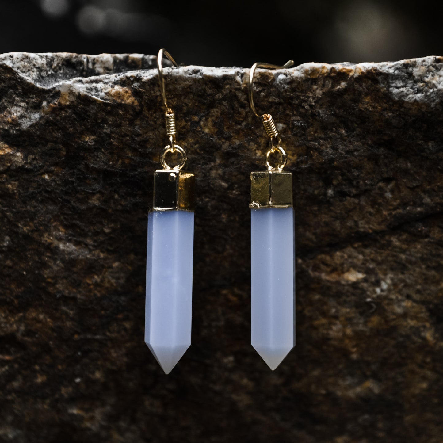Gorgeous Hexagonal Shape Faceted Natural Blue Chalcedony Earring with Gold plated Copper Layering
