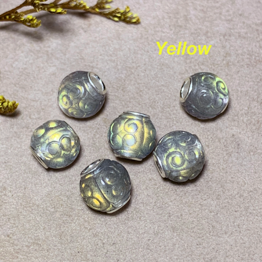 Round Carved Labradorite Mini 10mm Beads Natural Gemstone Artisanbeads with Silver Core For Some Pandora Bangle and Trollbeads Bracelets