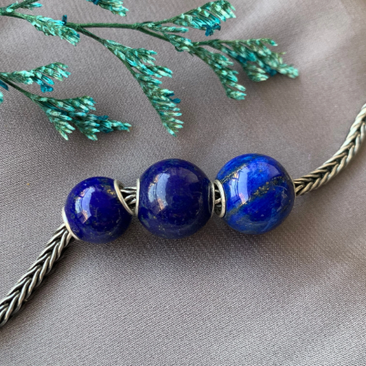 Mini Round Beads Lapis Lazuli Gemstone Small Core Beads with Silver Core Compatible for European Bracelets