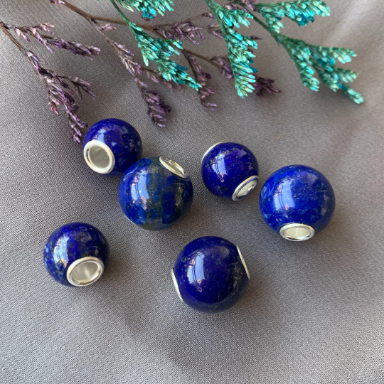 Mini Round Beads Lapis Lazuli Gemstone Small Core Beads with Silver Core Compatible for European Bracelets
