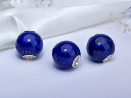 Mini Round Beads Lapis Lazuli Gemstone Small Core Beads with Silver Core Compatible for European Bracelets