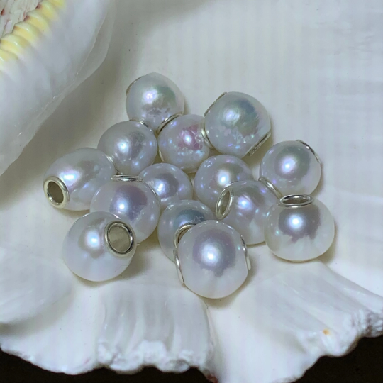 Unique Irregular Shape Large Size White Freshwater Pearl Beads Silver Core for European Charm Trollbeads Bracelets or Some Pandora Bangles