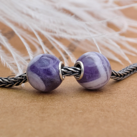 Mini Round Stripe Amethyst Beads with Small Silver Core for European Charm Trollbeads Bracelets or Pandora Bangles