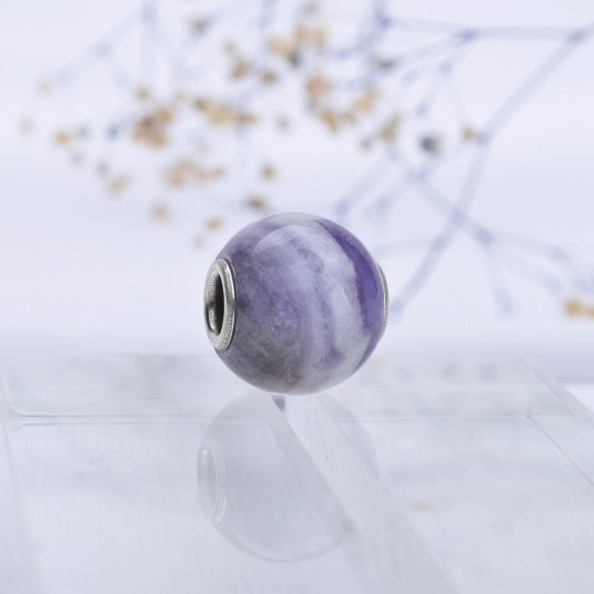 Mini Round Stripe Amethyst Beads with Small Silver Core for European Charm Trollbeads Bracelets or Pandora Bangles