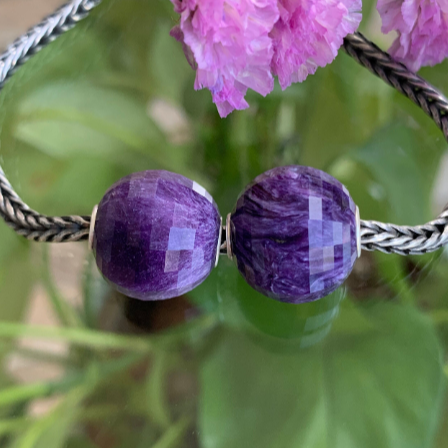 Purple Charoite Faceted Big Round Beads Gemstone with Sterling Silver Core for European Charm Bracelets and Bangles