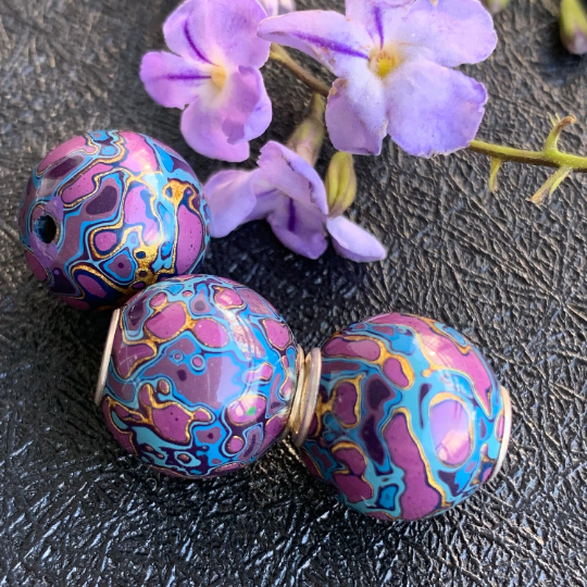 Beautiful Blue Purple Natural Resin Painted Handmade Wooden Beads Wood Beads with Silver Core for Trollbeads Bracelets or Some Pandora Bangles