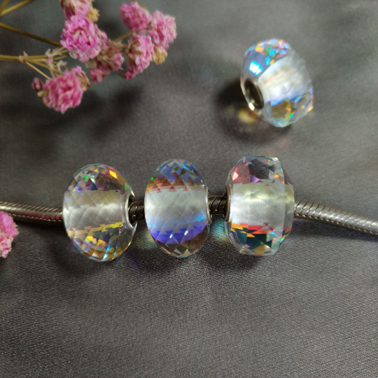 Faceted Rainbow Crystal Glass Bead with Sterling Silver Core for European Bracelets