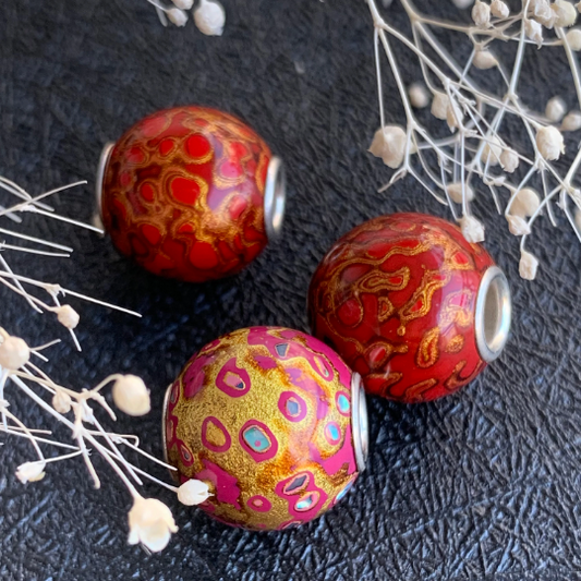 Gorgeous Red Natural Resin Painted Handmade Wooden Beads with Silver Core for Trollbeads Bracelets or Some Pandora Bangles