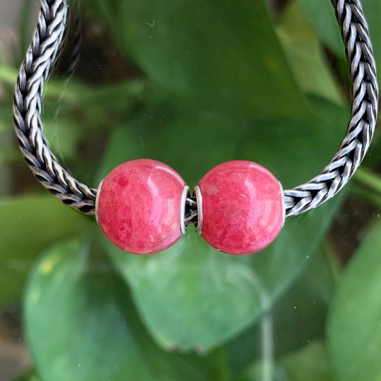 Mini Round 11mm Rhodonite Roselia Beads with Small Silver Core for European Charm Trollbeads Bracelet or Pandora Bangle
