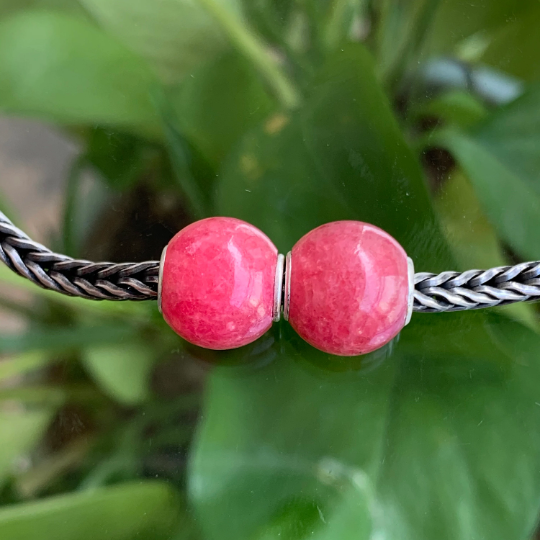 Mini Round 11mm Rhodonite Roselia Beads with Small Silver Core for European Charm Trollbeads Bracelet or Pandora Bangle