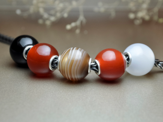 Round Black Onyx Red Onyx Mini Round Bead with Small Sterling Silver Core Compatible Charms Bracelet