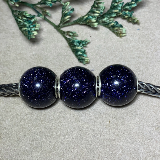 Ampearlbeads Shiny Fantasy Blue Sand Stone Round Bead Deep Blue with Sterling Silver Core for European Charms Bracelets
