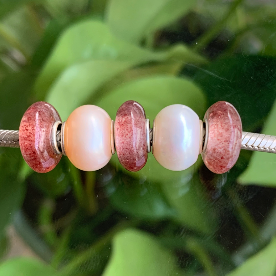 Natural Flat Small Red Strawberry Quartz Spacer with Silver Core Artisan Amazing Beads for European Bracelets