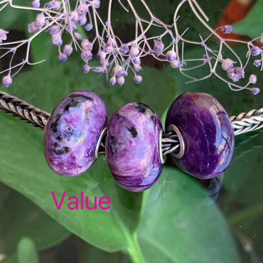 Smooth Flat Purple Charoite Bead Gemstone Artisan Beads with Sterling Silver Core for European Trollbeads Bracelets or Some Pandora Bangles