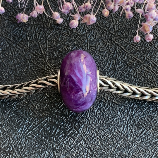 Smooth Flat Purple Charoite Bead Gemstone Artisan Beads with Sterling Silver Core for European Trollbeads Bracelets or Some Pandora Bangles