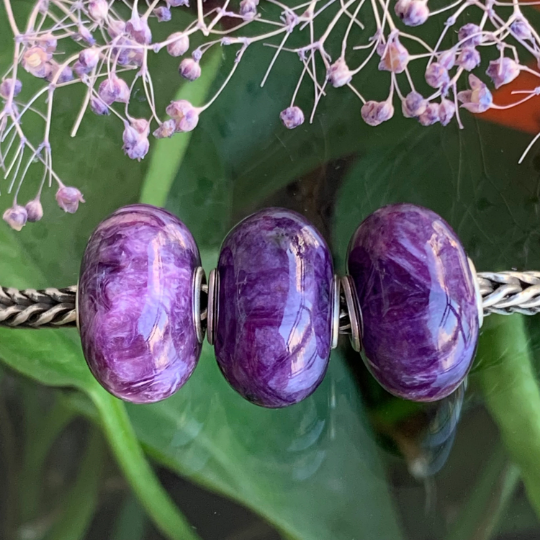 Smooth Flat Purple Charoite Bead Gemstone Artisan Beads with Sterling Silver Core for European Trollbeads Bracelets or Some Pandora Bangles