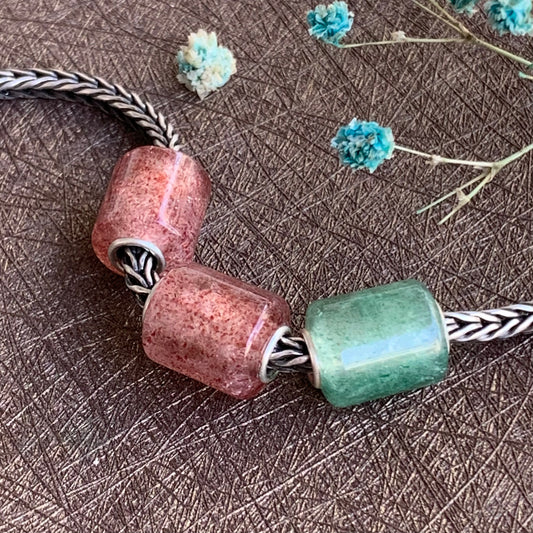 Mini Strawberry Quartz Barrel Beads Gemstone Bead with Sterling Sliver Core for Trollbeads Bracelets or Pandora Bangles