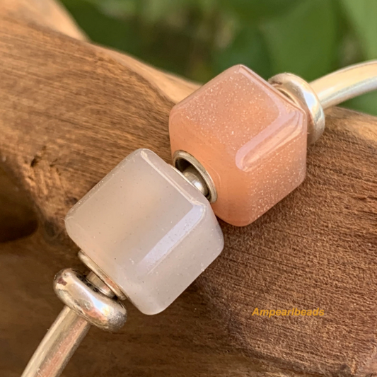 Stylish Ampearlbeads Moonstone Cube Beads with Silver Core Orange Grey Moonstone for European Pandora Trollbeads Bracelets or Bangles