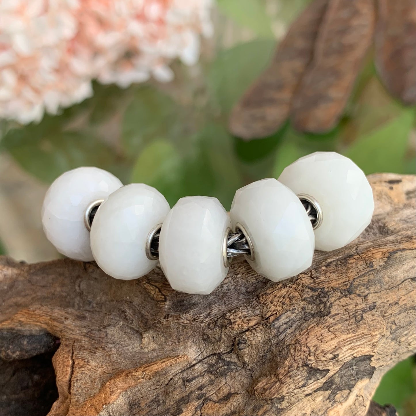 Faceted  White Jade Gemstone Bead with Sliver Core for European Charm Bracelets