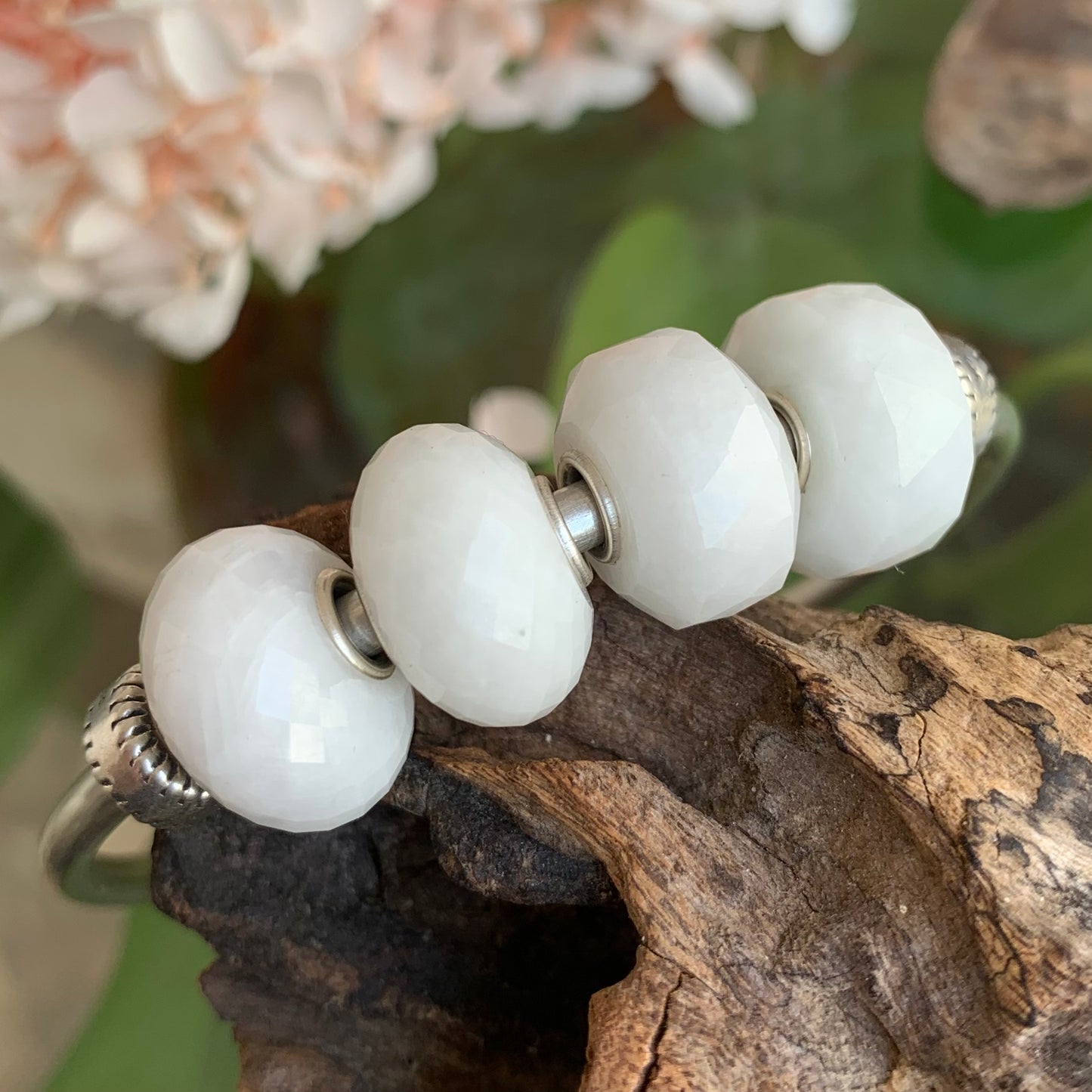 Faceted  White Jade Gemstone Bead with Sliver Core for European Charm Bracelets