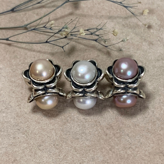 Silver Flower Charm with White Orange Lilac Purple Pearl Spacer Bead for European Charm Bracelets And Bangles