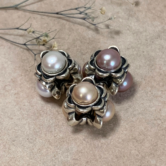 Silver Flower Charm with White Orange Lilac Purple Pearl Spacer Bead for European Charm Bracelets And Bangles