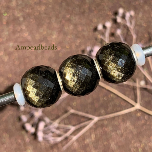 Faceted Golden Obsidian Mini Round Beads Natural Gemstone with Silver Core for European Bracelets and Bangles