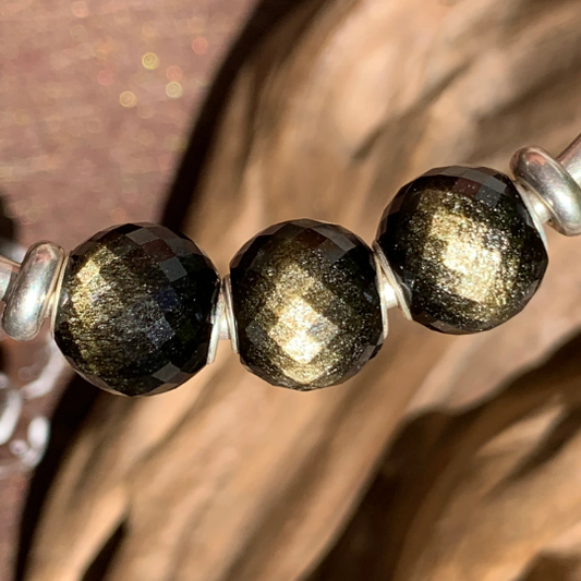 Elegant Faceted Golden Obsidian Stone Mini Round Bead Natural Gemstone with Small Core for European Trollbeads Bracelets and Pandora Bangles