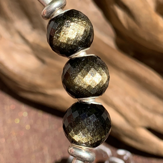 Faceted Golden Obsidian Mini Round Beads Natural Gemstone with Silver Core for European Bracelets and Bangles