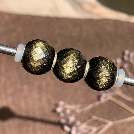 Elegant Faceted Golden Obsidian Stone Mini Round Bead Natural Gemstone with Small Core for European Trollbeads Bracelets and Pandora Bangles