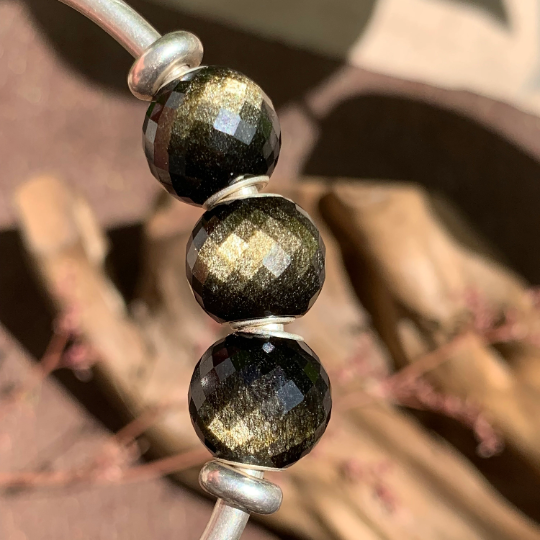 Elegant Faceted Golden Obsidian Stone Mini Round Bead Natural Gemstone with Small Core for European Trollbeads Bracelets and Pandora Bangles