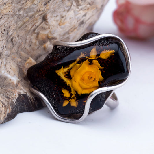 Carved Designer Baltic Amber & Silver Ring with Flower Carved in Genuine Amber Stone Ring