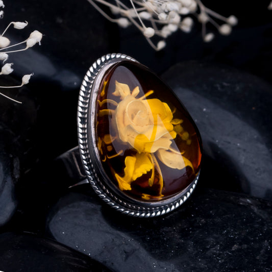 Carved Designer Baltic Amber & Silver Ring with Flower Carved Genuine Amber Stone Size Adjusted